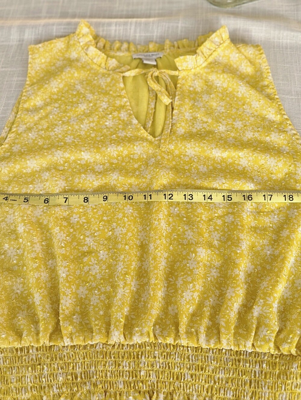 ​Carolina Belle Yellow Floral Smocked Waist Blouse XL Gold Lurex Boho - Picture 9 of 10